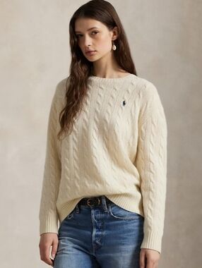Polo by Ralph Lauren Wool Cashmere Cream Cable-Knit Crewneck Sweater